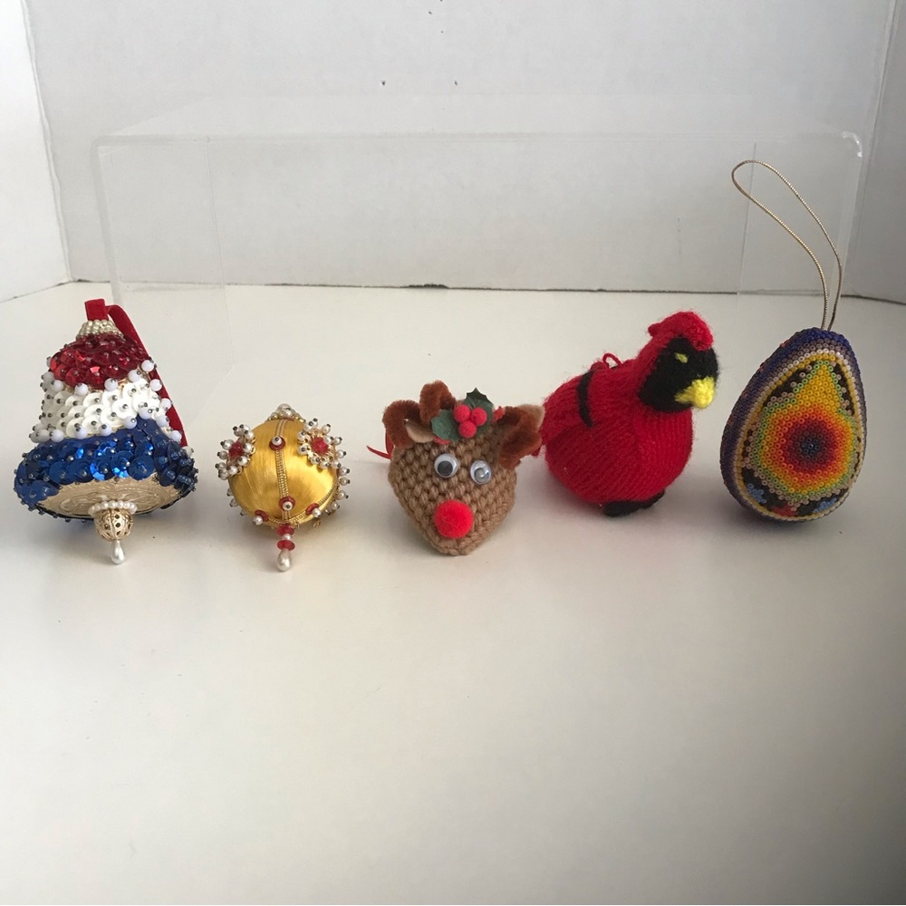 Set of 5 Handmade Beaded Sequined Christmas Ornaments - Vintage